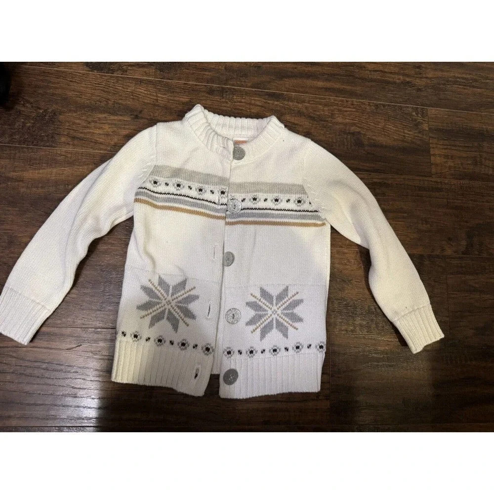 Gymboree Cardigan Sweater, White Snowflakes winter Sz:XS (4)